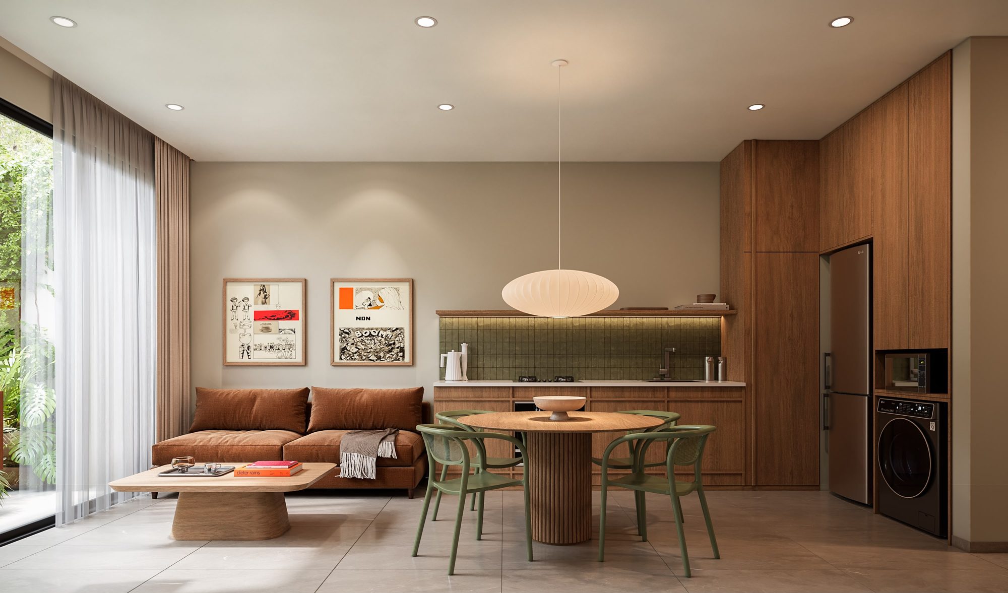 Compact living and kitchen with green tile and paper pendant