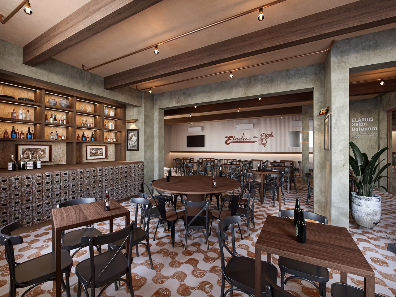 Eladios bar interior with timber beams and patterned tile floor