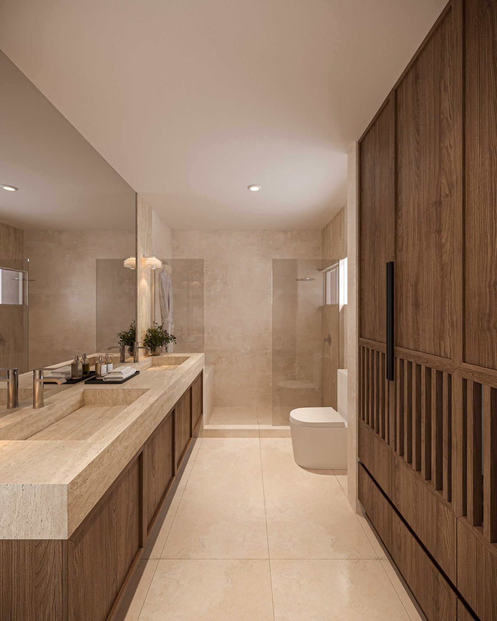 Travertine bathroom with walnut cabinetry