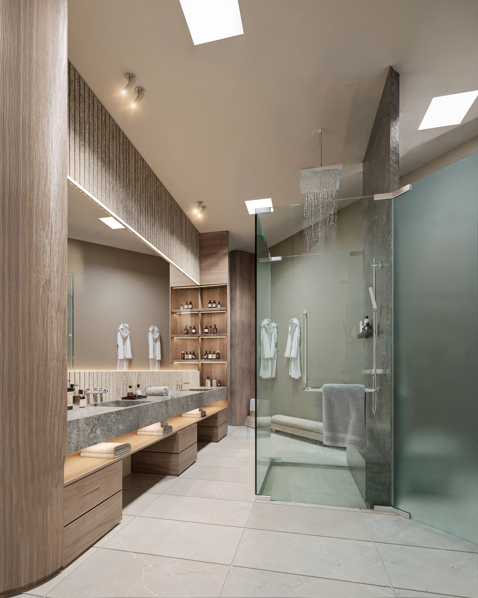Spa bathroom with stone vanity and glass rain shower