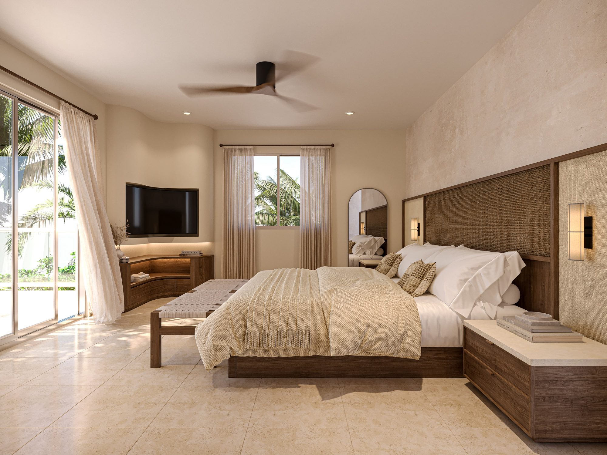 Coastal bedroom with woven headboard and limewashed wall