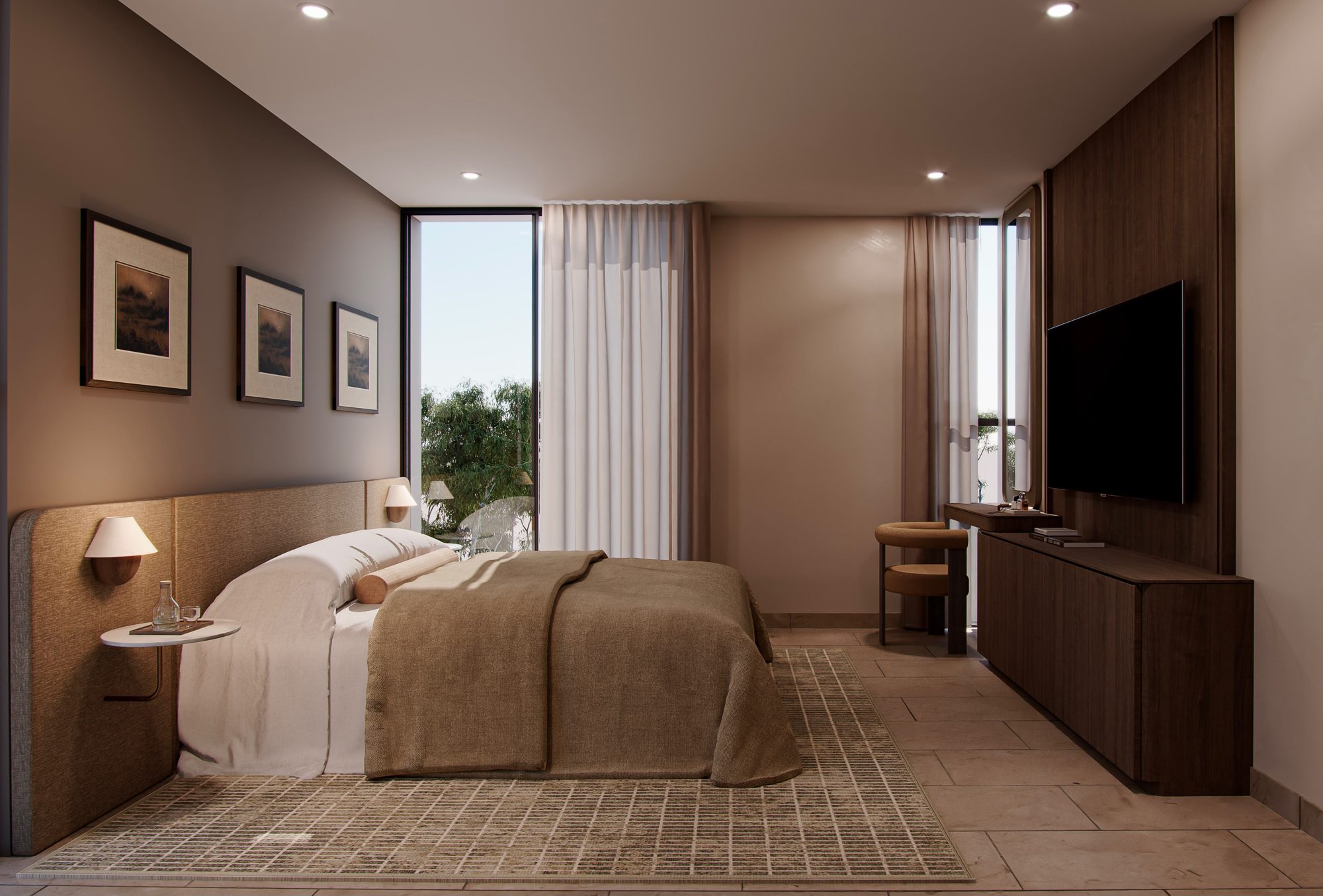 Bedroom in warm taupe with walnut paneling