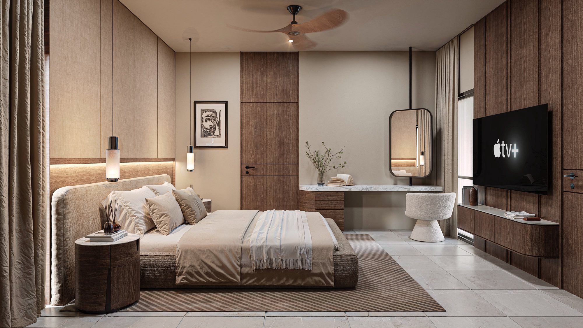 Bedroom in warm neutrals with walnut paneling