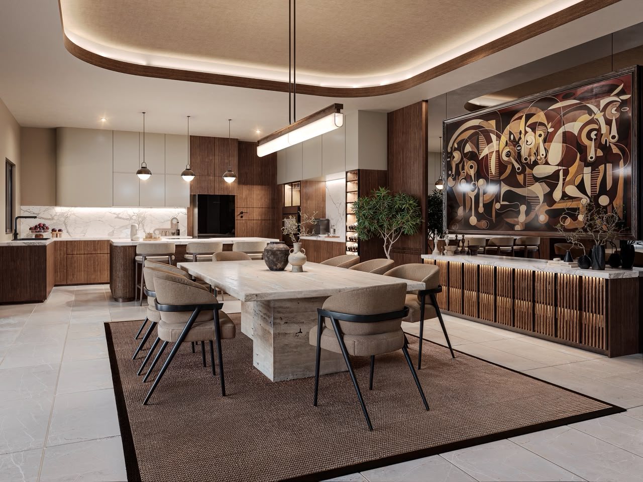 Dining room and kitchen with travertine table and walnut cabinetry