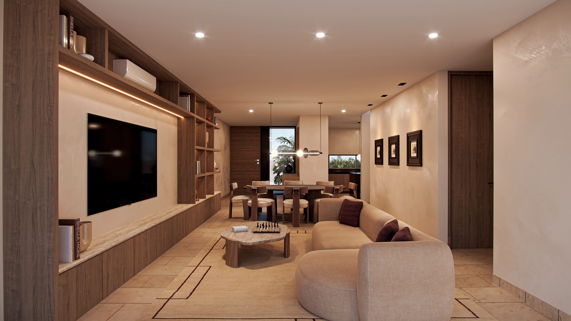 Family room with built-in walnut shelving