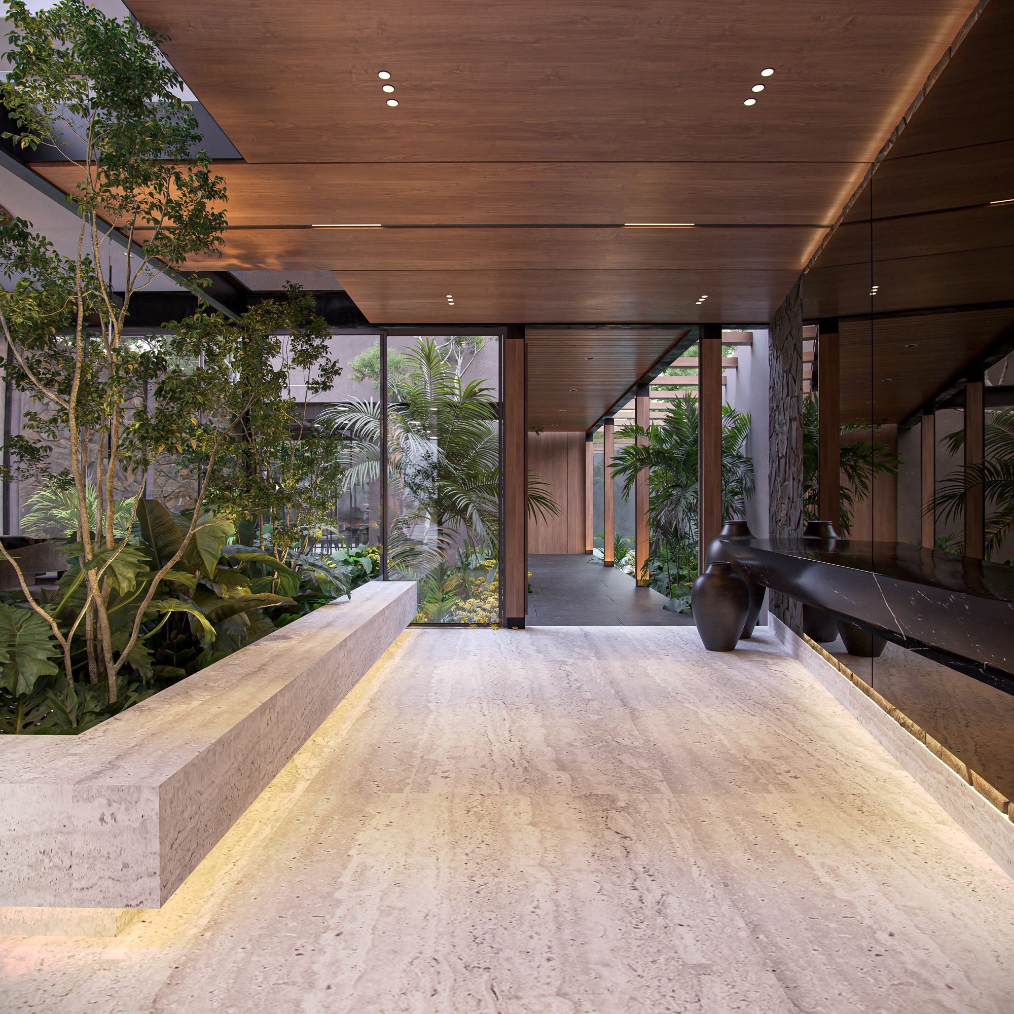 Travertine entry gallery with tropical garden and walnut ceiling