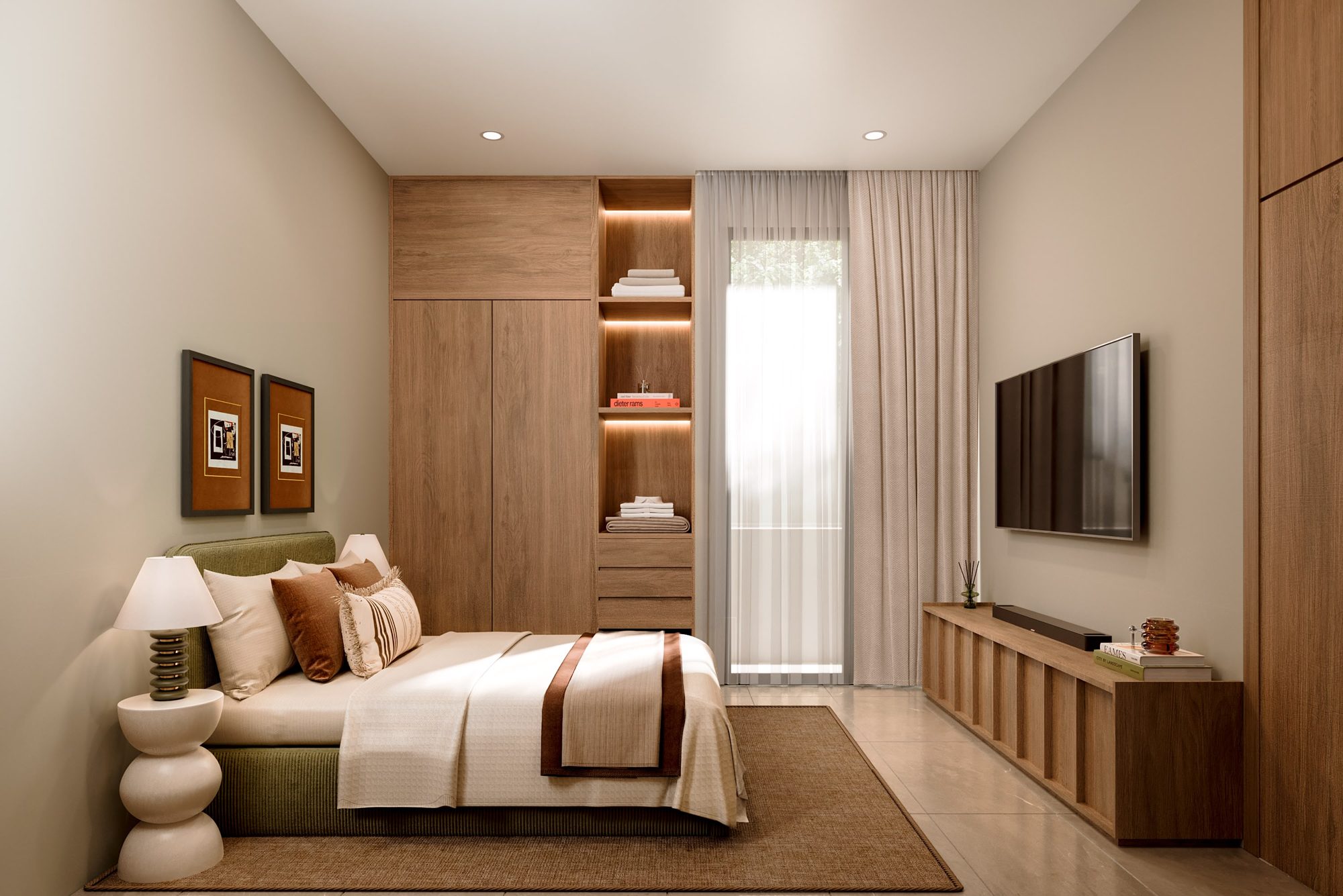 Guest bedroom with oak wardrobe and green headboard