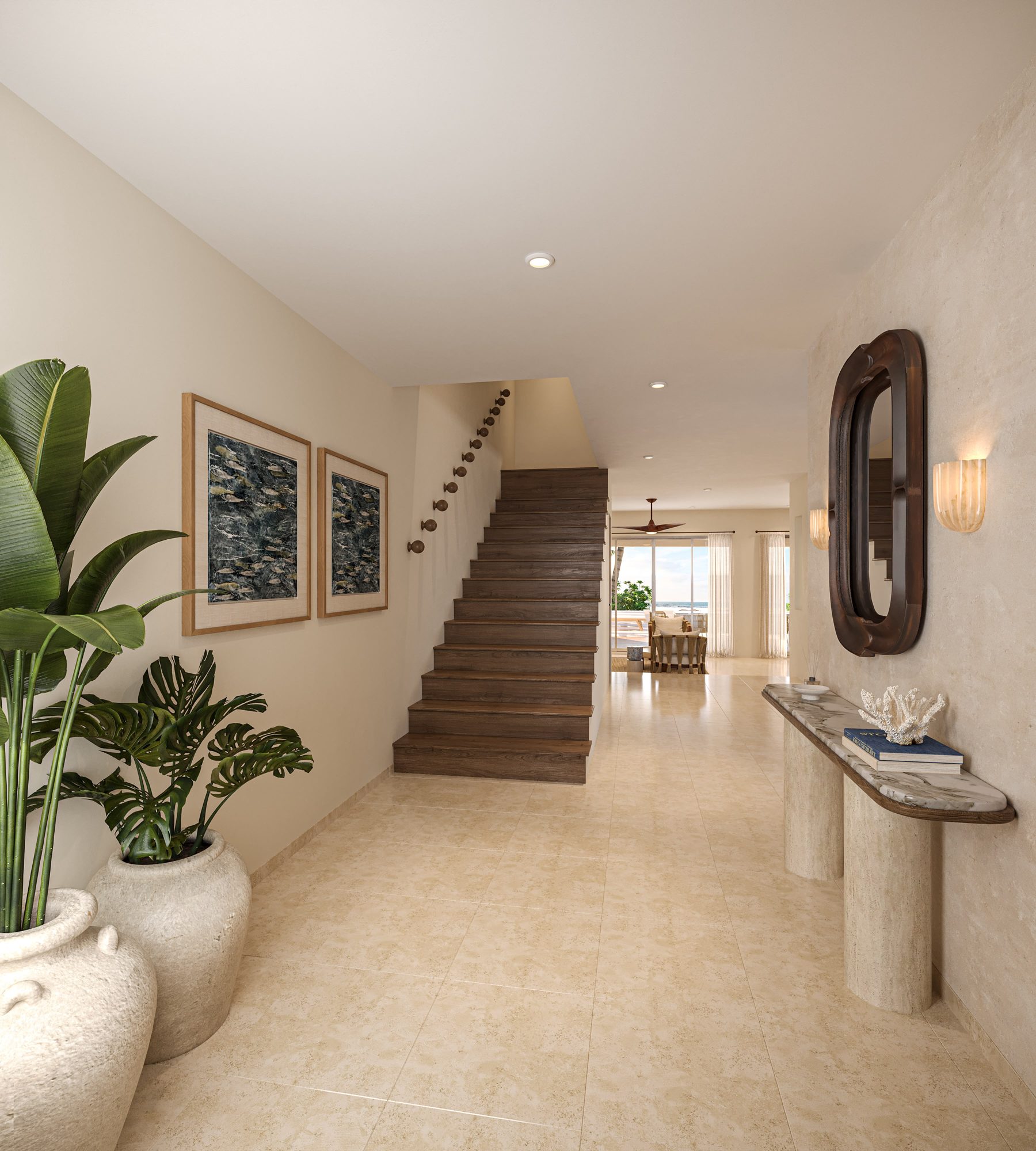 Entry hall with timber stair and travertine console