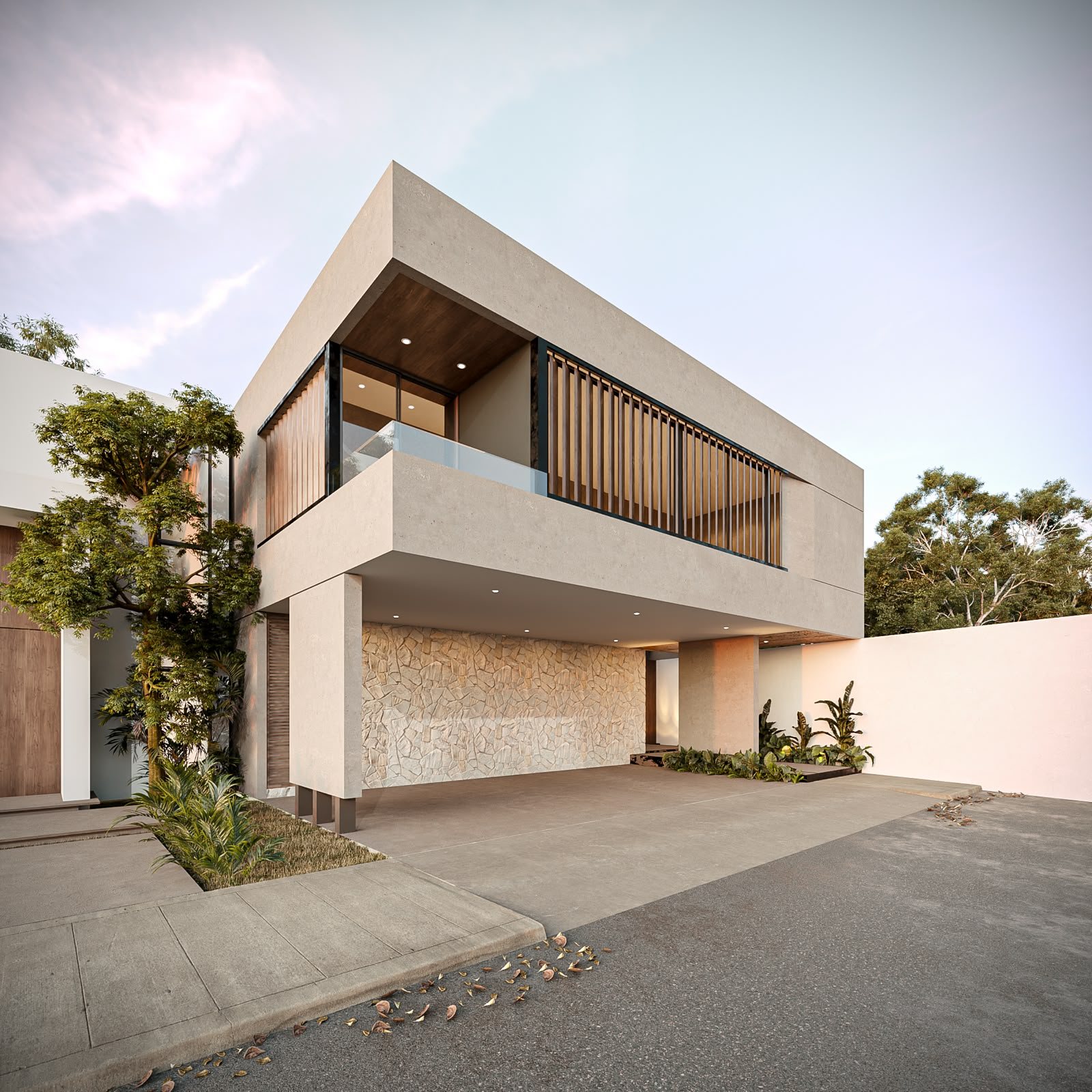 Two-story modern residence with stone-clad carport and timber louvers