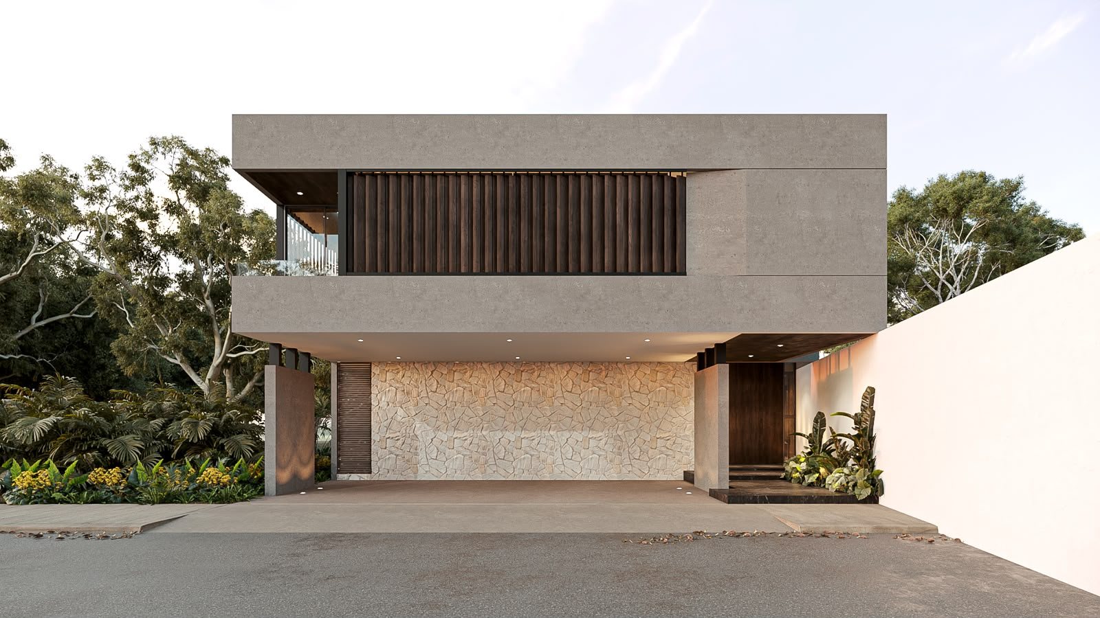 Residence facade with walnut louvers and stone feature wall