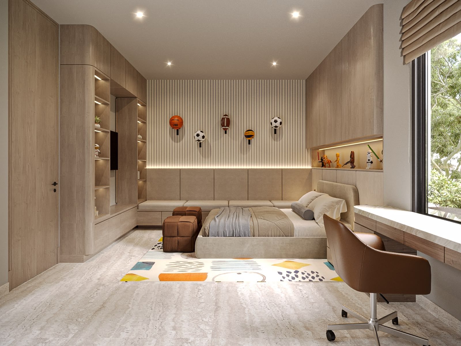 Kids bedroom with fluted wall and built-in desk