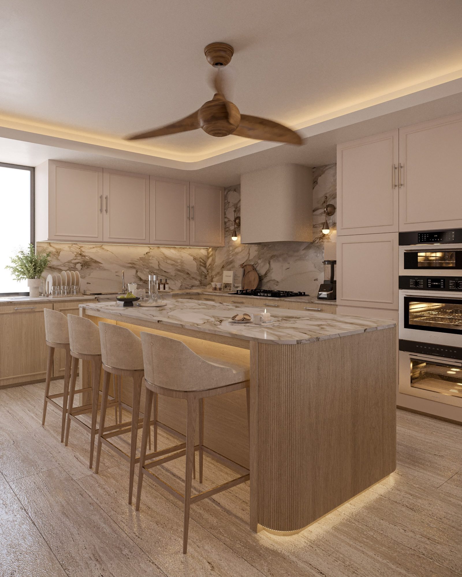Kitchen island with fluted oak base and marble top