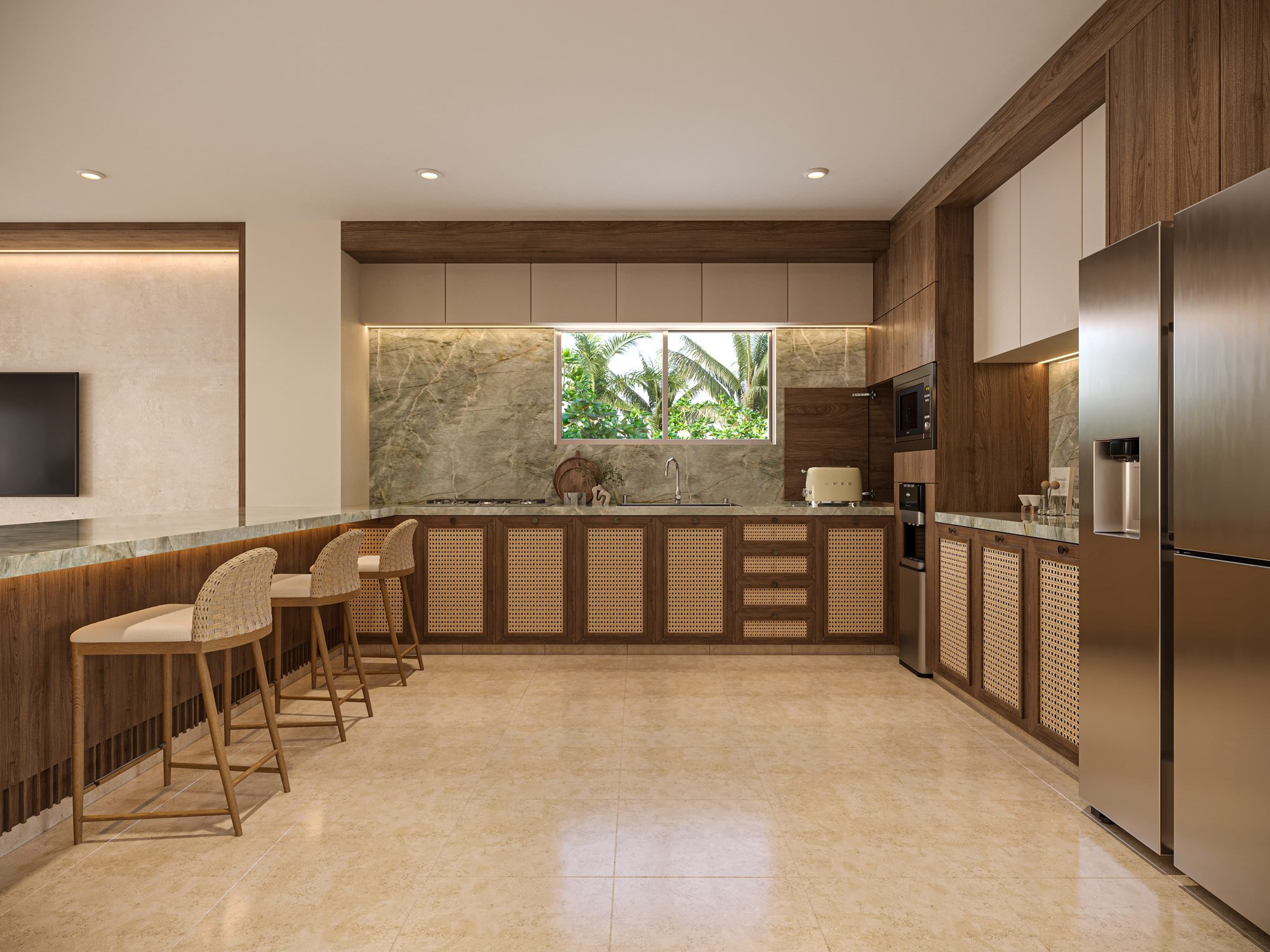 Kitchen with rattan cabinet fronts and green marble