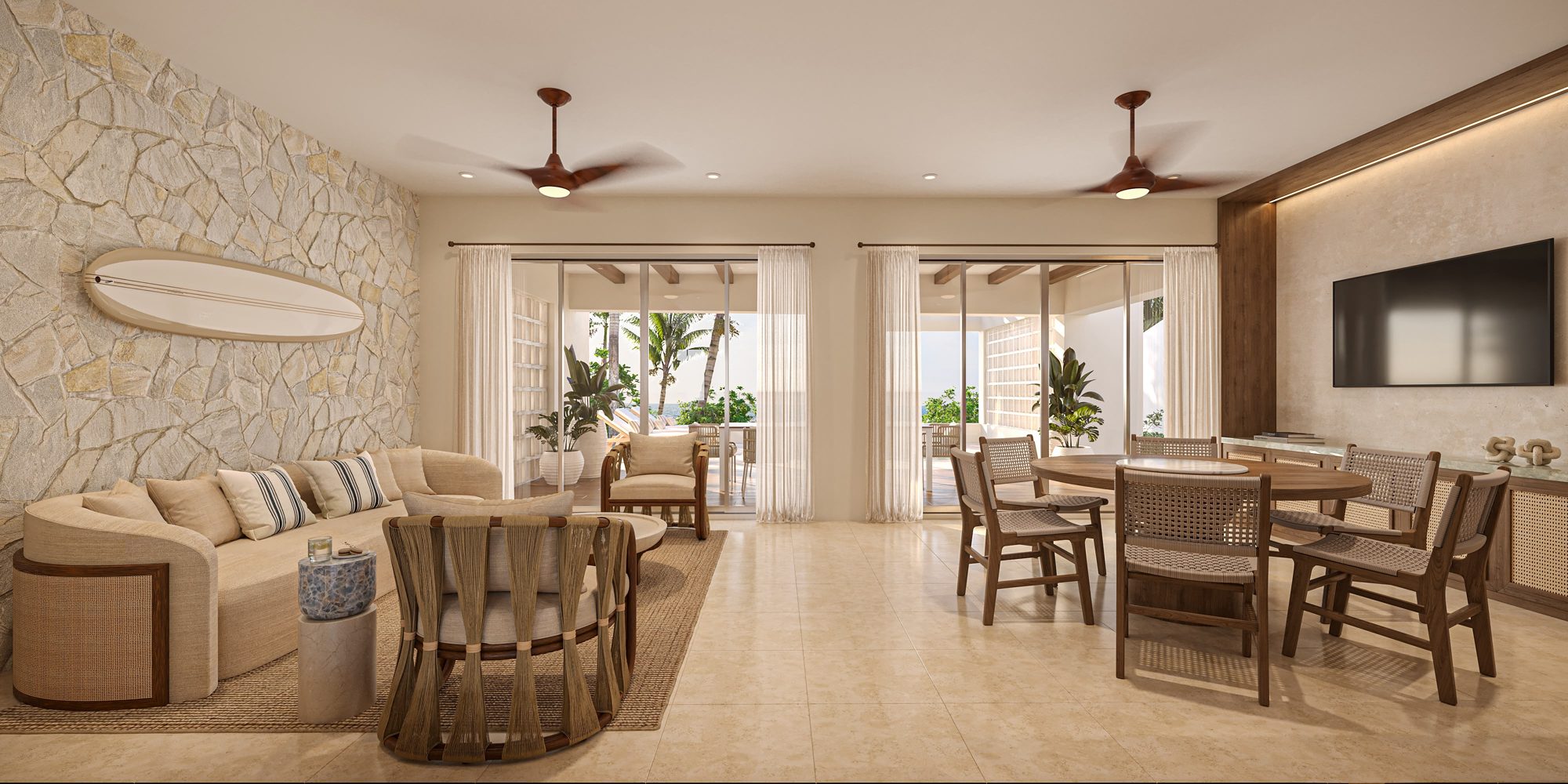 Living and dining room with stone feature wall