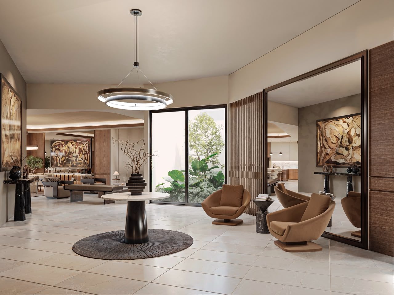 Entry lounge with ring pendant and courtyard garden