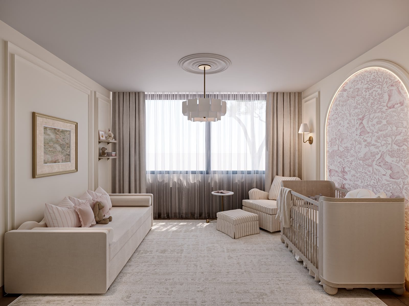 Nursery with toile arch and soft neutrals