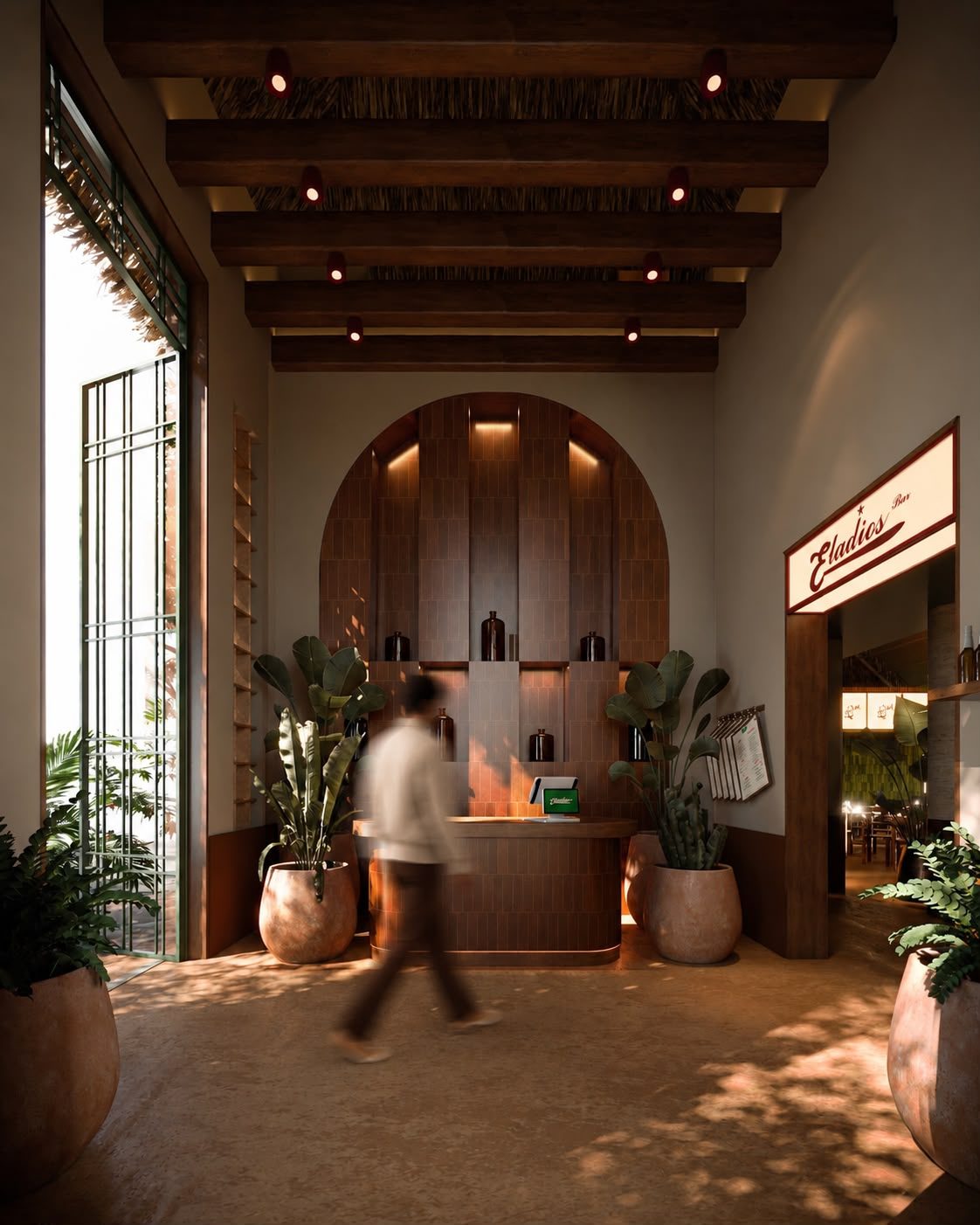 Restaurant entry with arched brick niche and timber beams