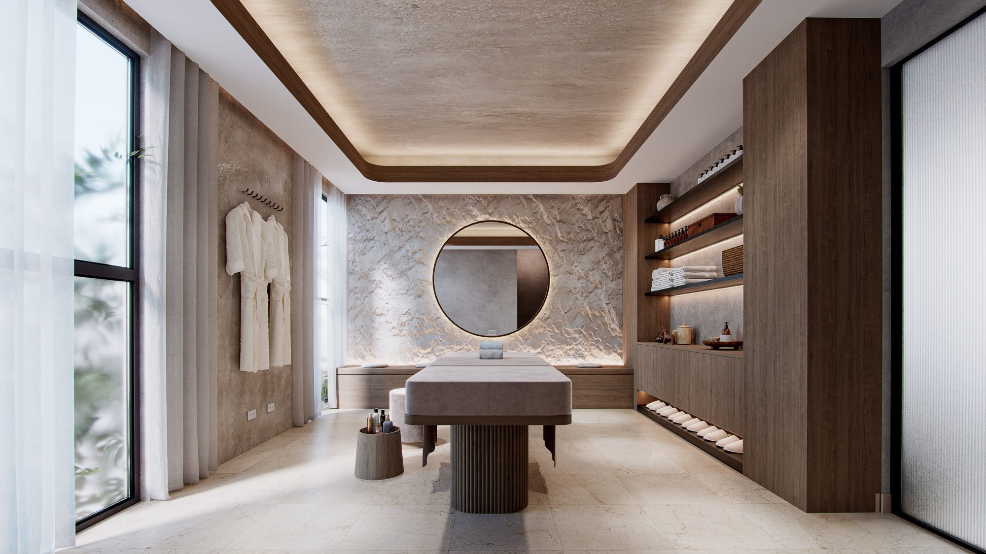 Spa treatment room with sculpted plaster wall