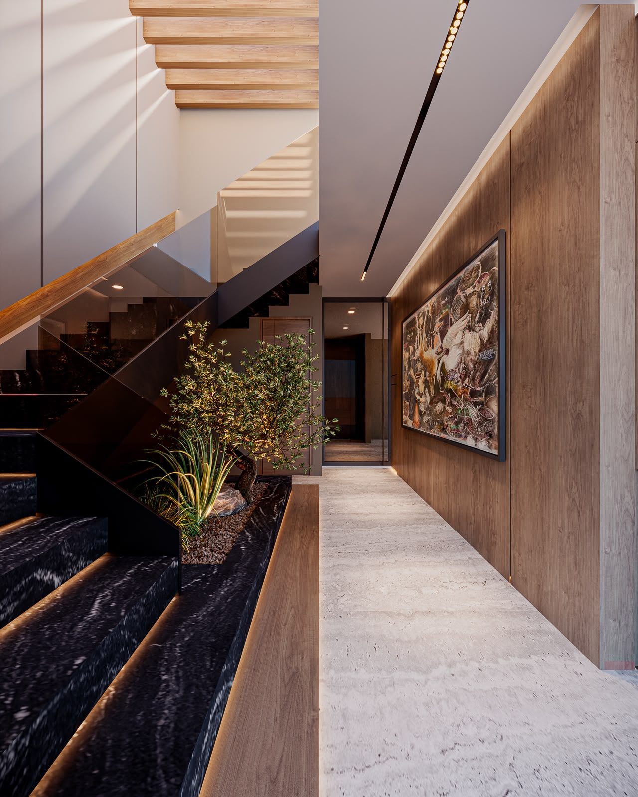 Black marble stair with interior garden